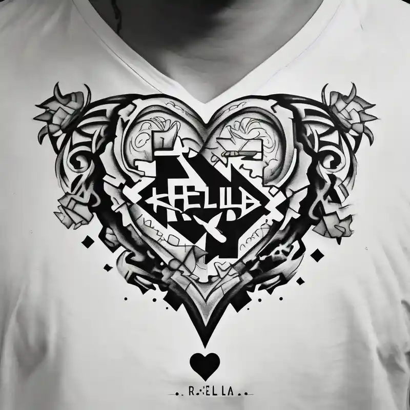 Puzzle piece neck tattoo where one of the pieces says Rella with an heart half sleeve tattoo designs for men